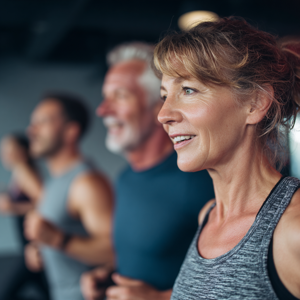 Middle-aged professionals participating in group fitness session